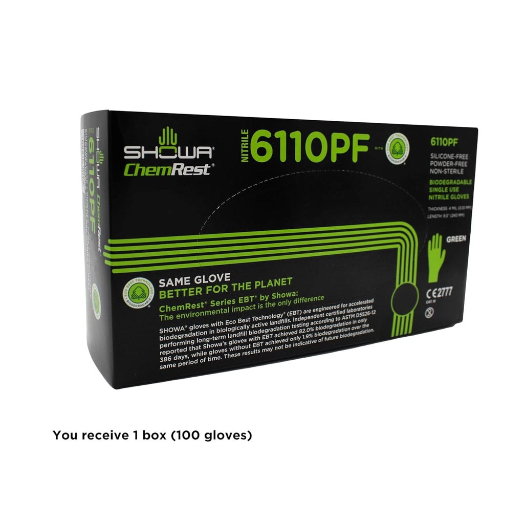SHOWA 6110PF Sustainable EBT Latex-Free, Powder-Free, Nitrile Disposable Single Use Safety Gloves, 4 Mil, 9.5" Length, X-Small (1 Box/100 Gloves)