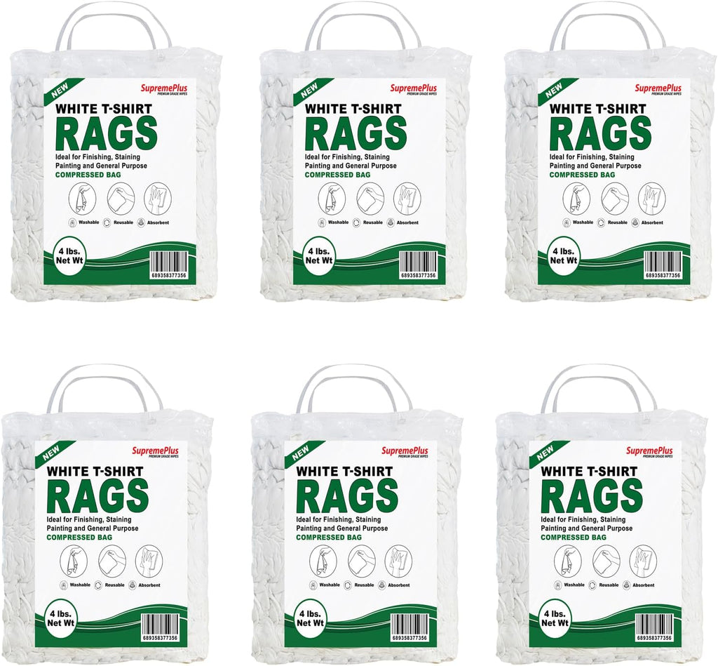 Premium White T-Shirt Cleaning Rags (4 lbs. Bag - Pack of 6) – White Cotton Rags for Cleaning, Staining, Painting, Oil, Grease & Dust Removal – Shop Rags Bulk for Multipurpose use