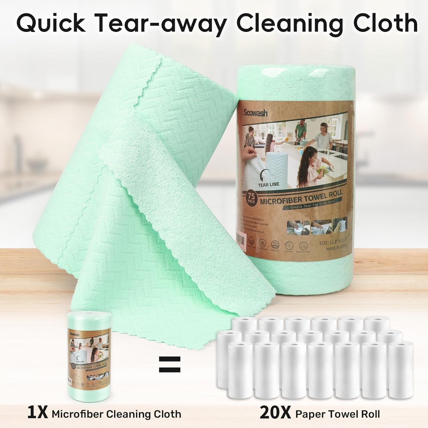 Microfiber Cleaning Cloths Roll, 75 Pack Tear Away Microfiber Towels Roll, 12" x 12" Lint Free Rags, Reusable Cleaning Cloths, Washable, Scratch Free,Ultra Absorbent Dish Rags(Green Ripple)