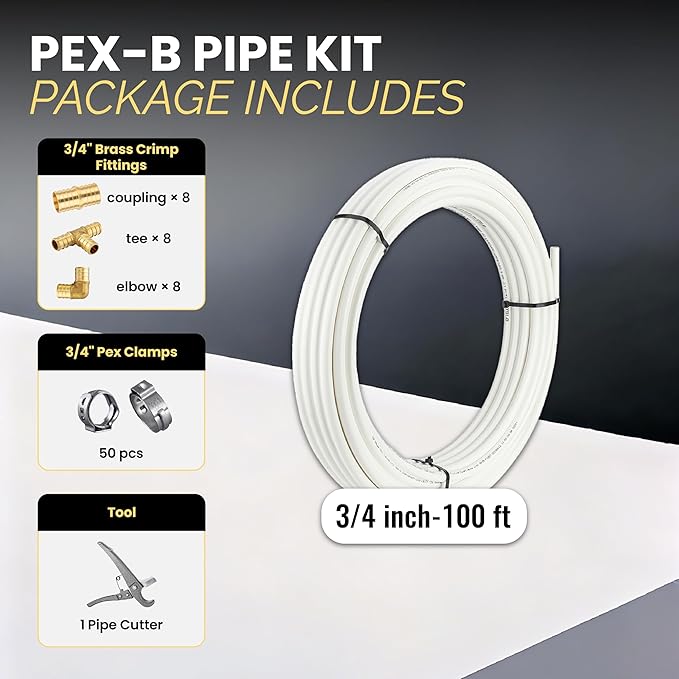 3/4 Inch-100 ft Foskan White PEX-B Pipe,Water Tubing with a Pipe Cutter,24 Pcs Pex Crimp Brass Fittings & 50 Pcs Clamp rings