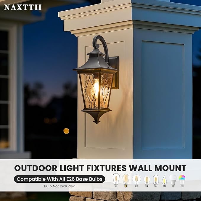 Outdoor Sconce Lights Black Porch Lights Outdoor Aluminum Waterproof Exterior Lighting Fixtures with Water Ripple Handmade Solder Glass E26 Socket