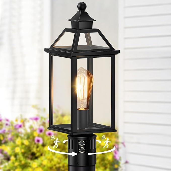 18.5" Motion Sensor Outdoor Post Lights, 360° Detection Lamp Pole Light Fixture 4 Lighting Modes, Large Waterproof Aluminum Outside Exterior Lantern for Garden, Porch, Pathway, (Black)