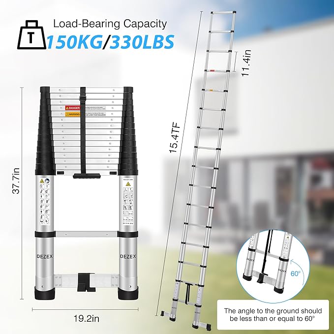 15.5 FT Aluminum Telescoping Ladders - One-Button Retraction Collapsible Extension Ladder for Home,RV,Attic,Lasts 330 LBS with Swivel Feet and Non-Slip Cushion