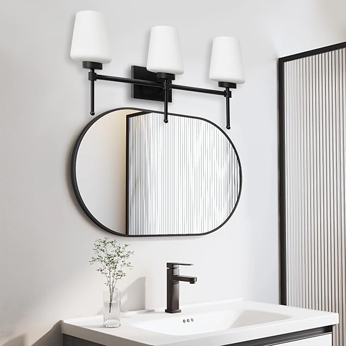 Bathroom Vanity Light Fixtures Brushed Black Over Mirror with Milk Glass Shade Wall Sconce Lighting Lamp Bath 3-Lights (Exclude E26 Bulb)
