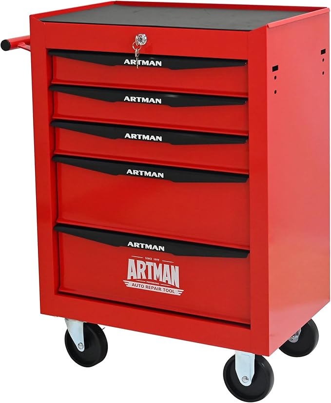 5 Drawers Rolling Tool Box on Wheels, Multifunctional Tool Chest Cabinet with Lock, Drawers Rolling Tool Cart Trolley Organizer Tool Storage Case for Warehouse,Garage,Workshop (Red)