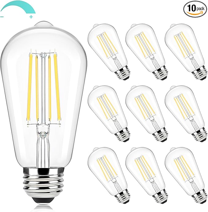 Brightever Edison Bulbs 60W Equivalent, 4000K Natural White Dimmable LED Light Bulb, 7W, 850LM Vintage E26 Light Bulb, 90+CRI, ST58 Clear Glass Antique Decor LED Filament Bulbs for Bedroom, 10 Pack