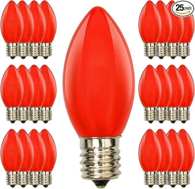 25 Pack Red Christmas Light Bulbs,C9 Glass Incandescent Red Replacement Bulbs for Night Light,C9/E17 Candelabra Base 7 Watt Great for Outdoor Indoor Holiday Christmas Valentine String Lights