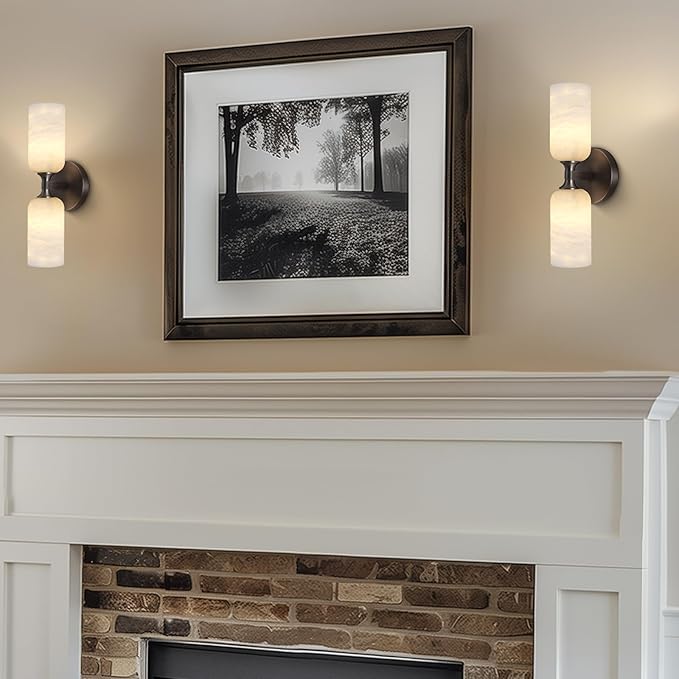 Alabaster Wall Sconce 14in Antique Brass Sconces Wall Lighting, Imported Alabaster Modern Marble Bathroom Vanity Sconces, Black Sconce Wall Decor, For Bedroom Living Room Staircases Hallway Foyer