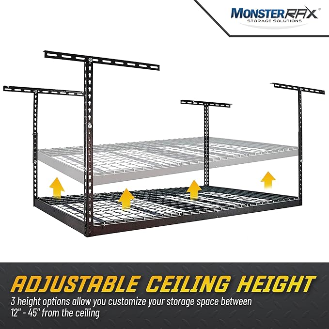 MonsterRax Overhead Garage Storage Racks 4x6, Ceiling Mounted Shelving, Adjustable Hanging Storage Organizer, Heavy Duty Steel, Holds 500 Pounds, Color: Hammertone, Adjusts 12"-21” off Ceiling