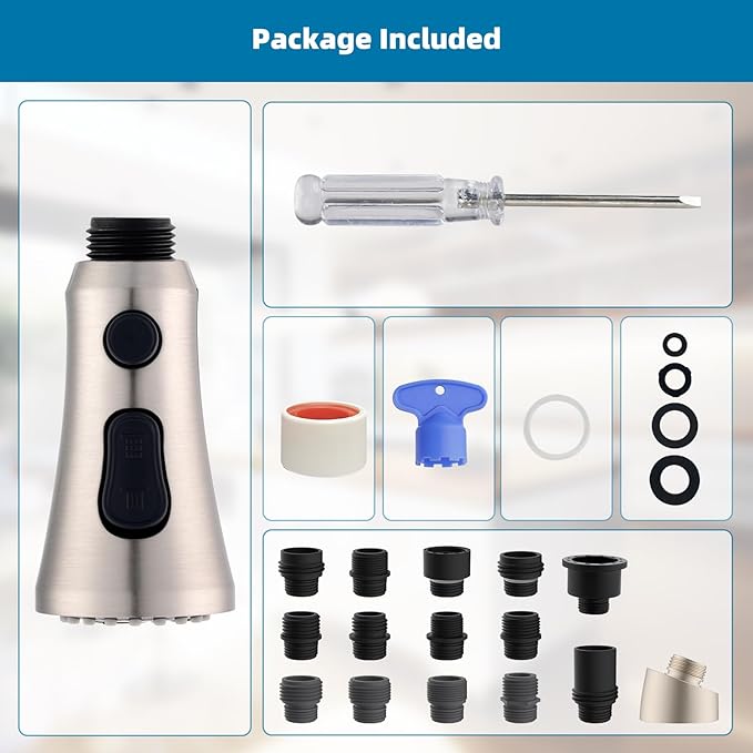 Hibbent Pull Down Kitchen Faucet Head Replacement, 3-Function NSF/ANSI/CAN 61 & CUPC Certified Sink Spray Nozzle, 15 Adapters, Compatible with Moen, Delta, Kohler Faucets, Brushed Nickel