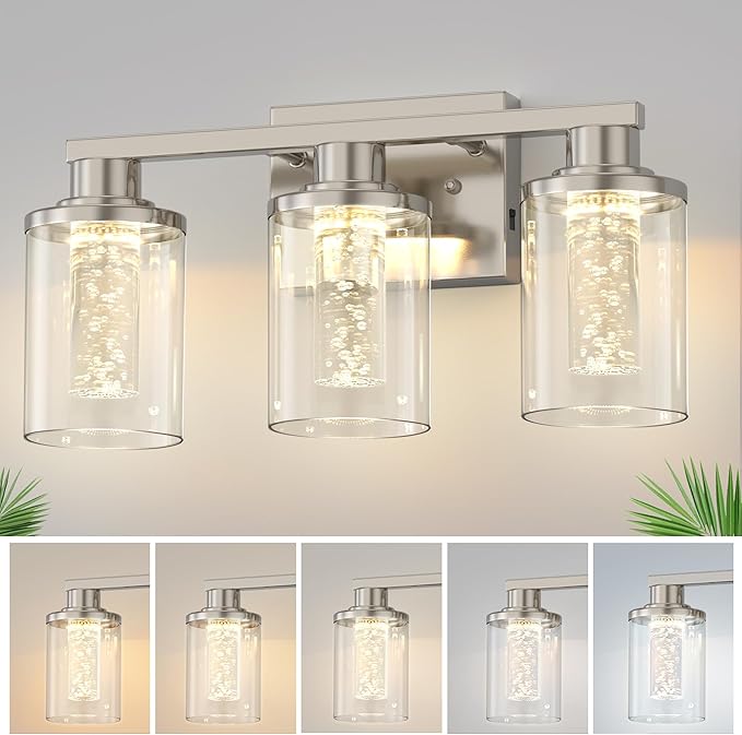 DORESshop 3-Light Brushed Nickel Bathroom Light Fixtures, Crystal LED Bathroom Lights Dimmable Light with Clear Glass Shade,Vanity Lights for Living Room 5CCT