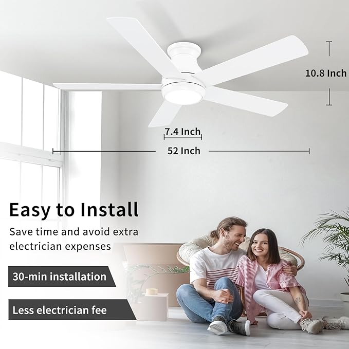 52 Inch White Ceiling Fans with Lights and Remote,LED Low Profile Flush Mount Ceiling Fan for Bedroom,Living Room, with Quiet DC Motor,Dimmable 6 Speeds