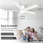 52 Inch White Ceiling Fans with Lights and Remote,LED Low Profile Flush Mount Ceiling Fan for Bedroom,Living Room, with Quiet DC Motor,Dimmable 6 Speeds