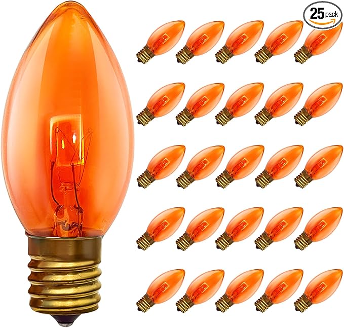 SUNSGNE 25 Pack C9 Orange Replacement Light Bulbs, Halloween Christmas Light Bulbs for E17 Base Outdoor String Lights, E17 Intermediate Base Light Bulbs, 7 Watt, Clear Orange