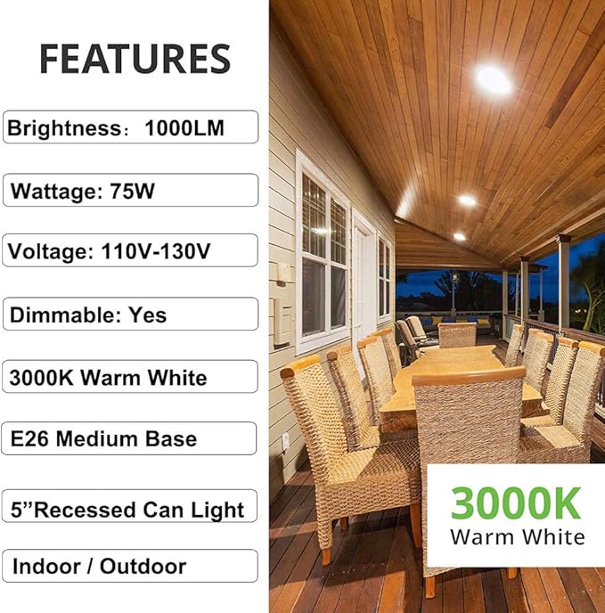 Vinaco PAR30 Flood Light 75W, 6 Pack High Brightness 1000LM, Warm White, Dimmable, Long Lasting, 120V with E26 Base