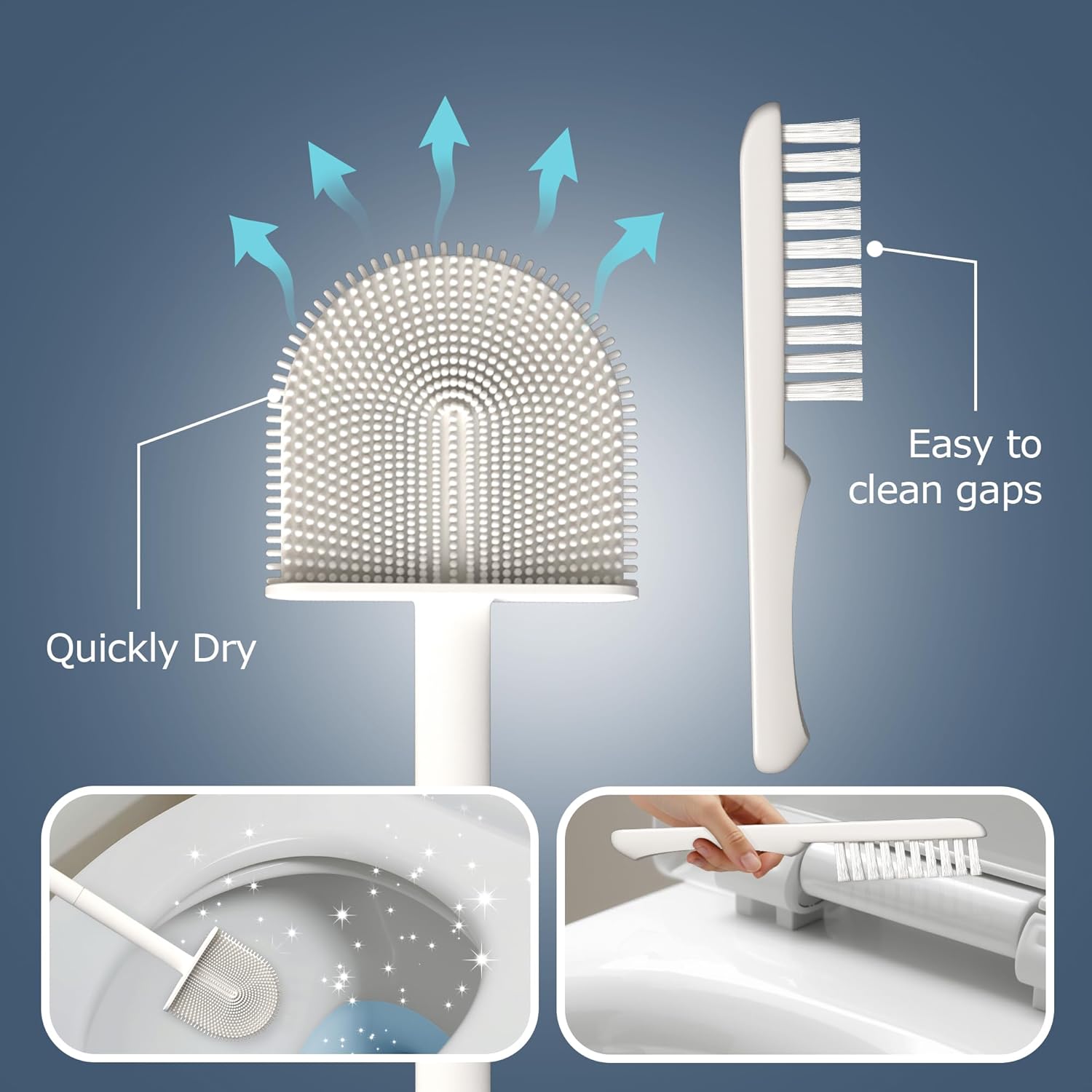 3 Pack Silicone Toilet Brushes & Holders– Includes 3 Crevice Brushes for Bathroom, Long Non-Slip Handle – Durable Bathroom Cleaning Set.