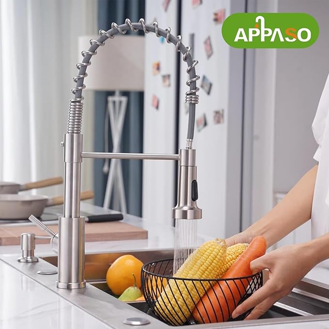 APPASO Touchless Kitchen Faucet with Soap Dispenser, Motion Sensor Activated Hands-Free Automatic Faucet with Pull Down Sprayer, Smart Faucets for Kitchen Sink Brushed Nickel (Battery-Powered)