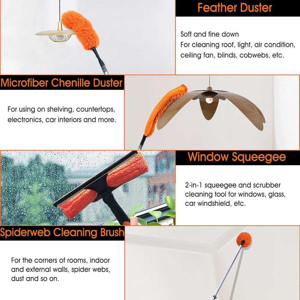 Buyplus 26FT Reach Dusting Kit, Long Duster with 5-20FT Extension Pole for High Ceilings, Cobweb Duster, Microfiber Duster, Window Squeegee, Extendable Duster Cleaning Kit