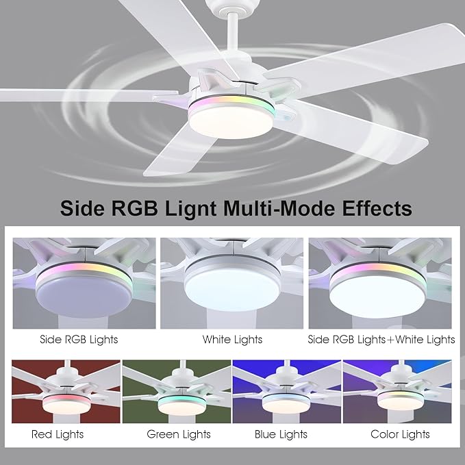 52 Inch Ceiling Fans with Lights and Remote/APP Control, Modern Ceiling Fan with RGB Lights for Bedroom Living Room Patio Porch Outdoor, Reversible Quiet Motor, 5 Wood Blades, White
