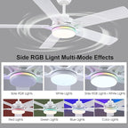 52 Inch Ceiling Fans with Lights and Remote/APP Control, Modern Ceiling Fan with RGB Lights for Bedroom Living Room Patio Porch Outdoor, Reversible Quiet Motor, 5 Wood Blades, White
