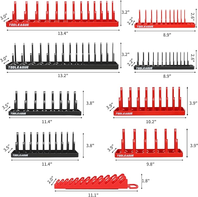 TOOLEAGUE 9Pcs Socket Organizer Tray and Magnetic Wrench Holder Set,Red SAE & Black Metric, 1/2", 1/4", 3/8" Socket Storage Trays for Tool Box Drawer