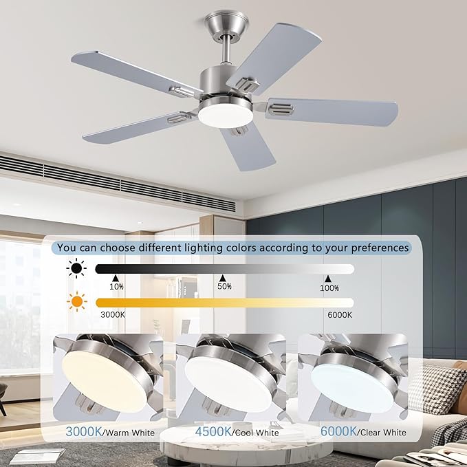 42 inch Modern Ceiling Fans with Lights APP/Remote Control, Low Profile Reversible 6 Speeds Dimmable Ceiling Fan Light for Indoor/Outdoor Bedroom Living Room（Nickel）
