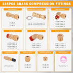 135 Pcs DOT Air Brake Line Fittings, 1/4" 3/8" 1/2" Brass DOT Compression Air Nylon Tubing Fittings Connectors Assortment For Trucks or Industrial Use