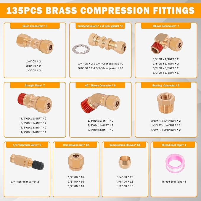 135 Pcs DOT Air Brake Line Fittings, 1/4" 3/8" 1/2" Brass DOT Compression Air Nylon Tubing Fittings Connectors Assortment For Trucks or Industrial Use