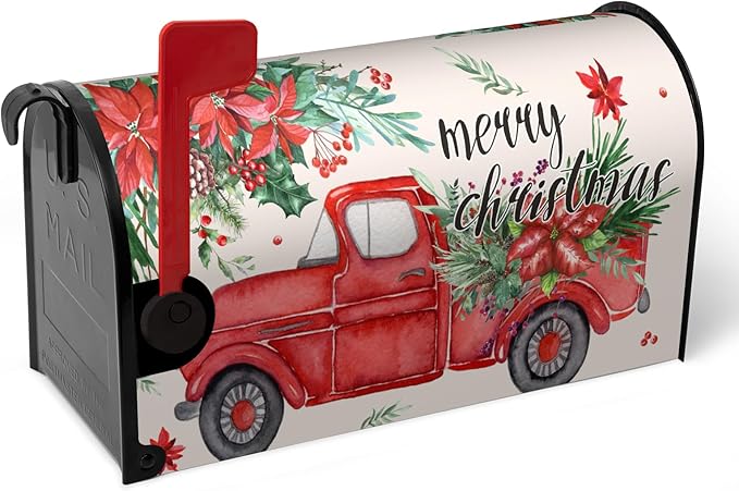 Christmas Red Truck Mailbox Covers Magnetic 25.5x21 Inches Large Size Winter Xmas Tree Mailbox Wraps Post Letter Box Cover Oversized for Outside Garden Yard Outdoor Decorations
