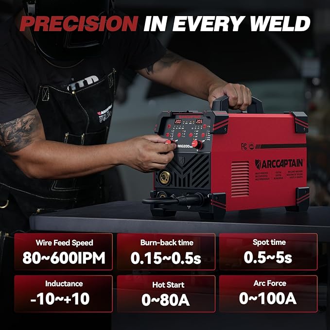 ARCCAPTAIN MIG Welder 200A, Upgraded 6 IN 1 Welding Machine 110V/220V Flux Core MIG/Gas MIG/Lift TIG/Stick Welding/Spool Gun MIG/Spot Multiprocess Welder with Synergy, Burn Back Adjustment, Inductance