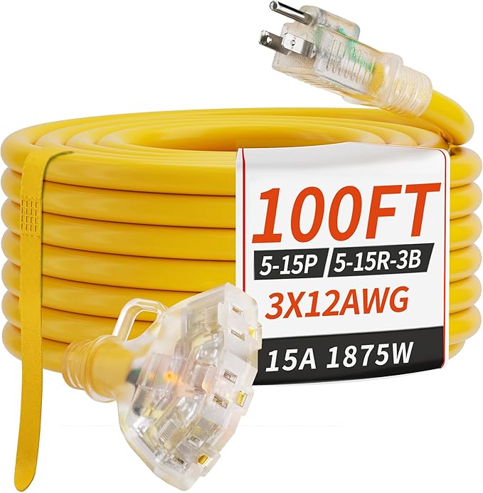 100 FT 12/3 Gauge Outdoor Extension Cord with Multiple Outlets Light Indicator, Flexible 3 Outlet Weatherproof Heavy Duty Extension Cord Waterproof Yellow, 15A 1875W 12AWG SJTW, ETL Listed