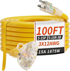 100 FT 12/3 Gauge Outdoor Extension Cord with Multiple Outlets Light Indicator, Flexible 3 Outlet Weatherproof Heavy Duty Extension Cord Waterproof Yellow, 15A 1875W 12AWG SJTW, ETL Listed