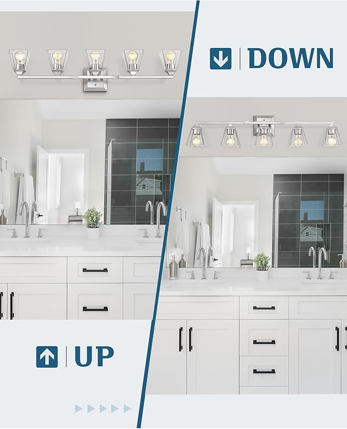 Bathroom Vanity Light 5-Light, HWH Bathroom Lighting Fixtures Over Mirror Brushed Nickel, Modern Vanity Wall Lamp with Square Bell Glass Shade, 5HY68B-5W BN