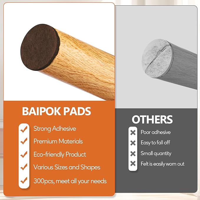 Furniture Pads Felt Pads 300 Pieces Huge Pack Furniture Felt Pads, Self Adhesive Anti Scratch Floor Protectors for Furniture on Hardwood Tile Floor, with 60 Cabinet Door Bumpers, Brown