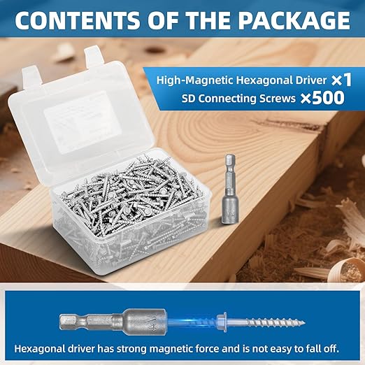 Upgrade SD Connector Screws, #9 x 1-1/2" Heavy-Duty Joist Hanger Screws, 500-Hour Salt Spray Rust Prevention Grade, 1/4" Hex Head with 0.370"-Dia, Replace 10D Nails and Simpson SD9112R500, 500-QTY