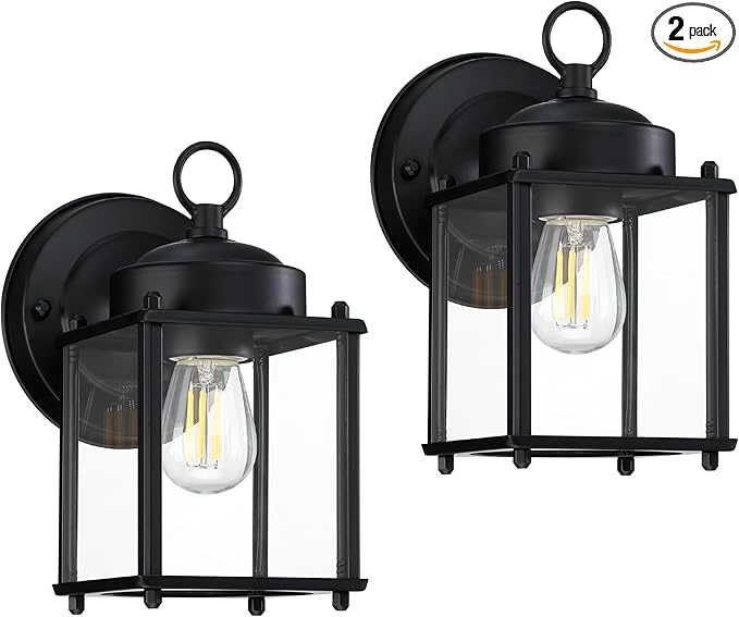 GRUENLICH Outdoor Wall Sconce, Exterior Wall Lighting Fixtures with Clear Glass, Front Porch Lighting, Anti-Rust Outside Lights for Patio, Doorway, Matte Black, 2 Pack