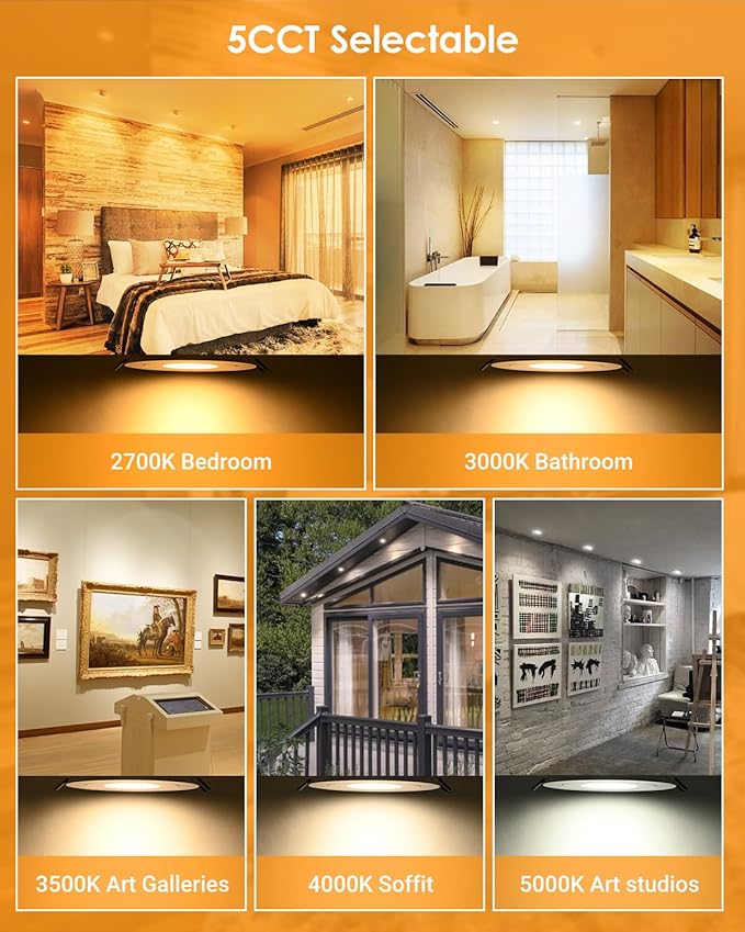 3 inch Recessed LED Lights 7W Gimbal Rotatable Directional Downlight,360°Adjustable Soffit Lighting Dimmable Swivel Eyeball, 90°Tilt Canless Swivel Spotlight 5CCT Selectable 6 Pack White