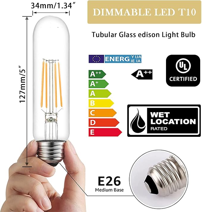 Edison Bulbs, E26 Led Bulb 6W Dimmable, 5 Inch 2700K Soft White T10 Light Bulbs Equal 80 Watt, UL-Cert Vintage Antique Tubular Bulbs 800LM for Bathroom Vanity Light Wall Sconces - 9Pack
