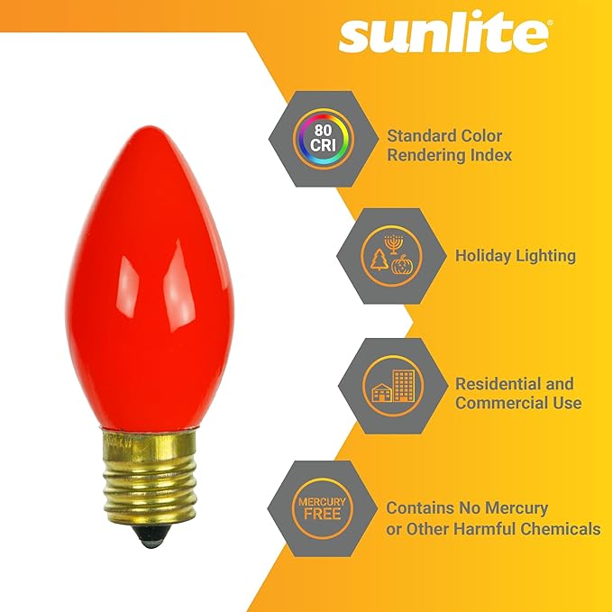 Sunlite Incandescent C9 Colored Night Light Bulb, 7 watts, 120 Volts, Intermediate E17 Screw Base, 2000 Rated Hours, Christmas-Lights Nightlight, Red, 25 Pack