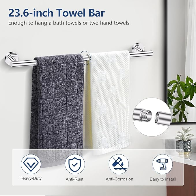 TQKAG Polished Chrome 5 Piece Bathroom Hardware Accessories Set 23.6" SUS304 Stainless Steel Bathroom Towel Bar Holder Sets Double Post Pivoting Toilet Paper Holder Set Wall Mounted