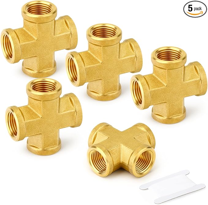 GASHER 5PCS Brass Pipe Fitting, Cross 4 Way Pipe Fitting, 1/8" NPT Female Pipe