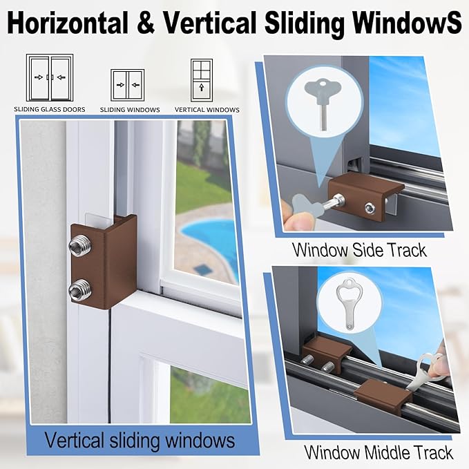 Window Locks for Sliding Windows - Sliding Window Lock Security with Keys - Adjustable Sliding Door Lock - Without Drilling Easv to Install Child Locks for Sliding Door,Patio Door(10 Sets Brown)