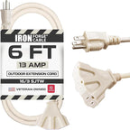 Iron Forge Cable Weatherproof 6 Ft Outdoor Extension Cord with 3 Outlets - 16/3 SJTW Heavy Duty Beige Extension Cord 3 Prong - 13 Amp Power Cable