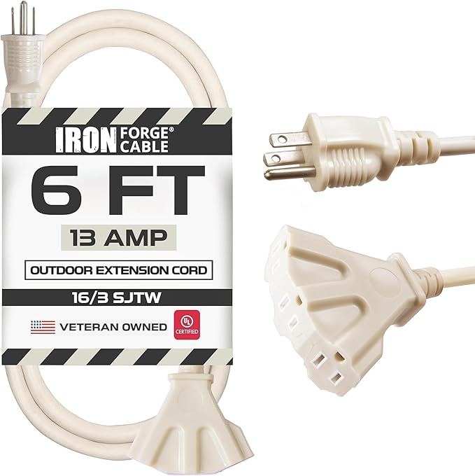 Iron Forge Cable Weatherproof 6 Ft Outdoor Extension Cord with 3 Outlets - 16/3 SJTW Heavy Duty Beige Extension Cord 3 Prong - 13 Amp Power Cable