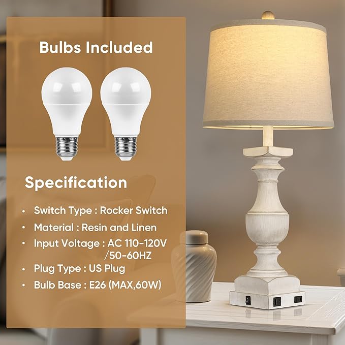 28'' Washed White Table Lamp for Bedroom Nightstand, Vintage Bedside Lamp with USB A+C Port, Farmhouse Desk Lamp with Linen Shade Set of 2, Traditional Nightstand Lamp, Rocker Switch,Bulb Included