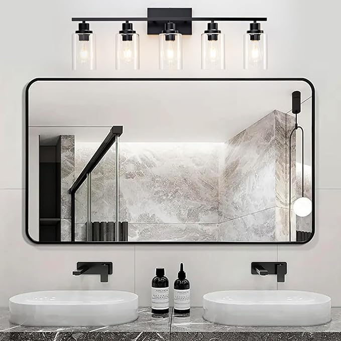 5 Light Bathroom Light Fixtures Black Vanity Light Over Mirror Modern Farmhouse Wall Lighting Sconces Wall Lamp for Bathroom, Bedroom, Living Room E26 Socket with Glass Shade