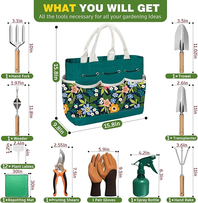 22Pcs Gardening Tools Set for Women Heavy Duty Garden Hand Tools Kit Organizer Gifts for Mom Beginner Gardener Gardening Accessories with Tote Bag/Shovels/Repotting Mat/Plant Labels/Gloves-Dark Green