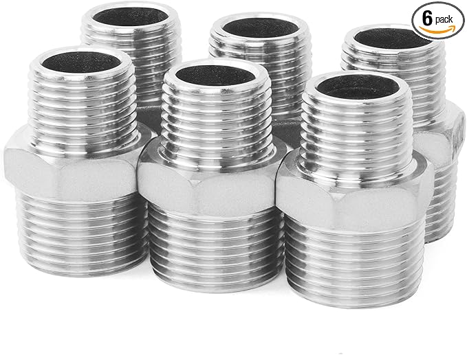 ChillWaves 304 Stainless Steel Pipe Fitting, Reducer Hex Nipple 3/8" NPT Male x 1/4" NPT Male Thread Adapter(6-PACK)