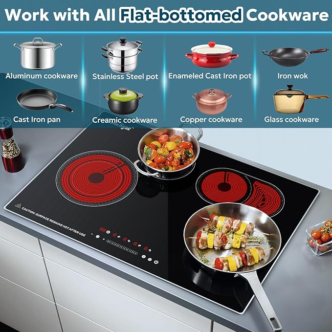 30 Inch Electric Cooktop 4 Burner 7400W Ceramic Stove, Built-in Electric Stove Top with Full Metal Frame Protection, Timer, Safety Lock, Pause, Dual Ring, 220V Hard Wired