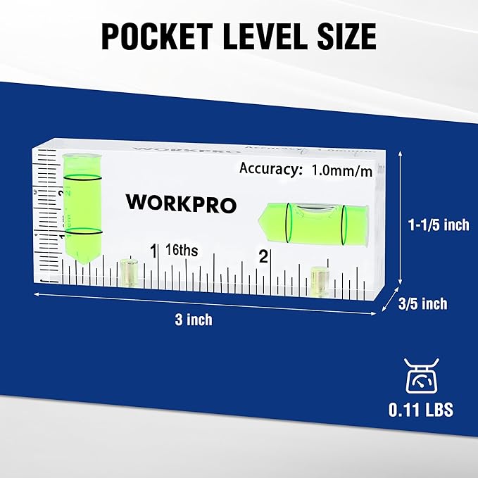 WORKPRO Small Level, 3 Inch Mini Level Tool, Magnetic Level with 2 Different Bubbles 90°/180°, Shatterproof Cross Check Bubble Level, Pocket Level for Picture Hanging Tool